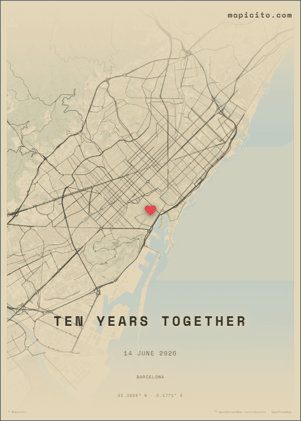 Finished vintage personalized Barcelona anniversary map poster