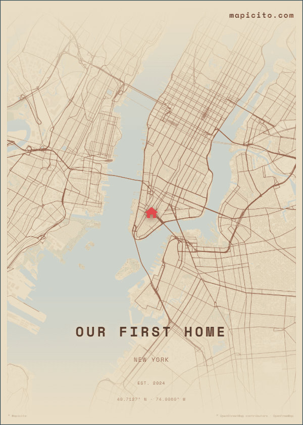 Personalized New York map poster created to remember a first home