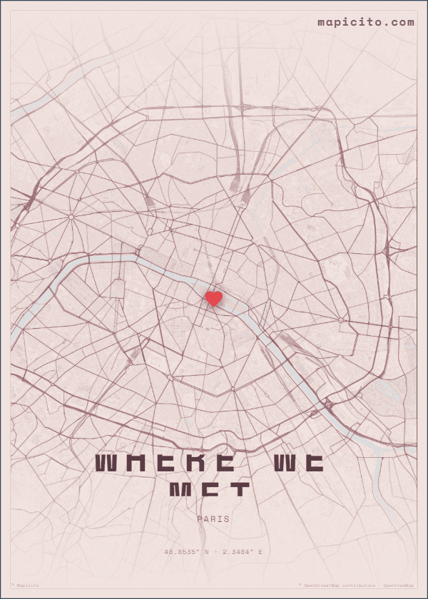 Finished romantic personalized Paris map poster in soft rose colors
